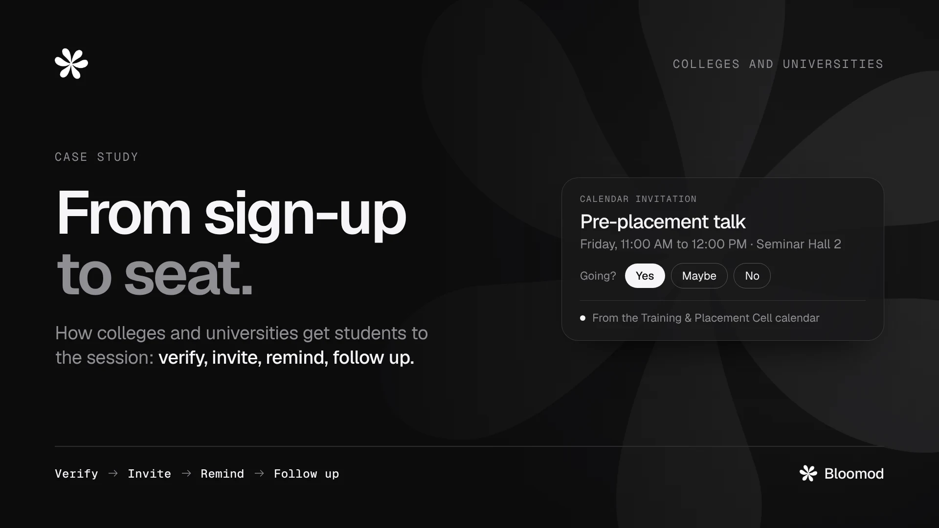Bloomod case study, From sign-up to seat: a calendar invitation for a Friday pre-placement talk in Seminar Hall 2, sent from the Training and Placement Cell calendar.