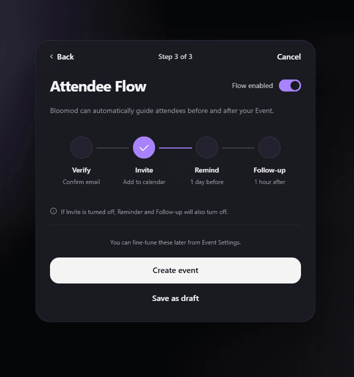 Bloomod Attendee Flow with Invite enabled and Verify, Remind and Follow-up disabled.